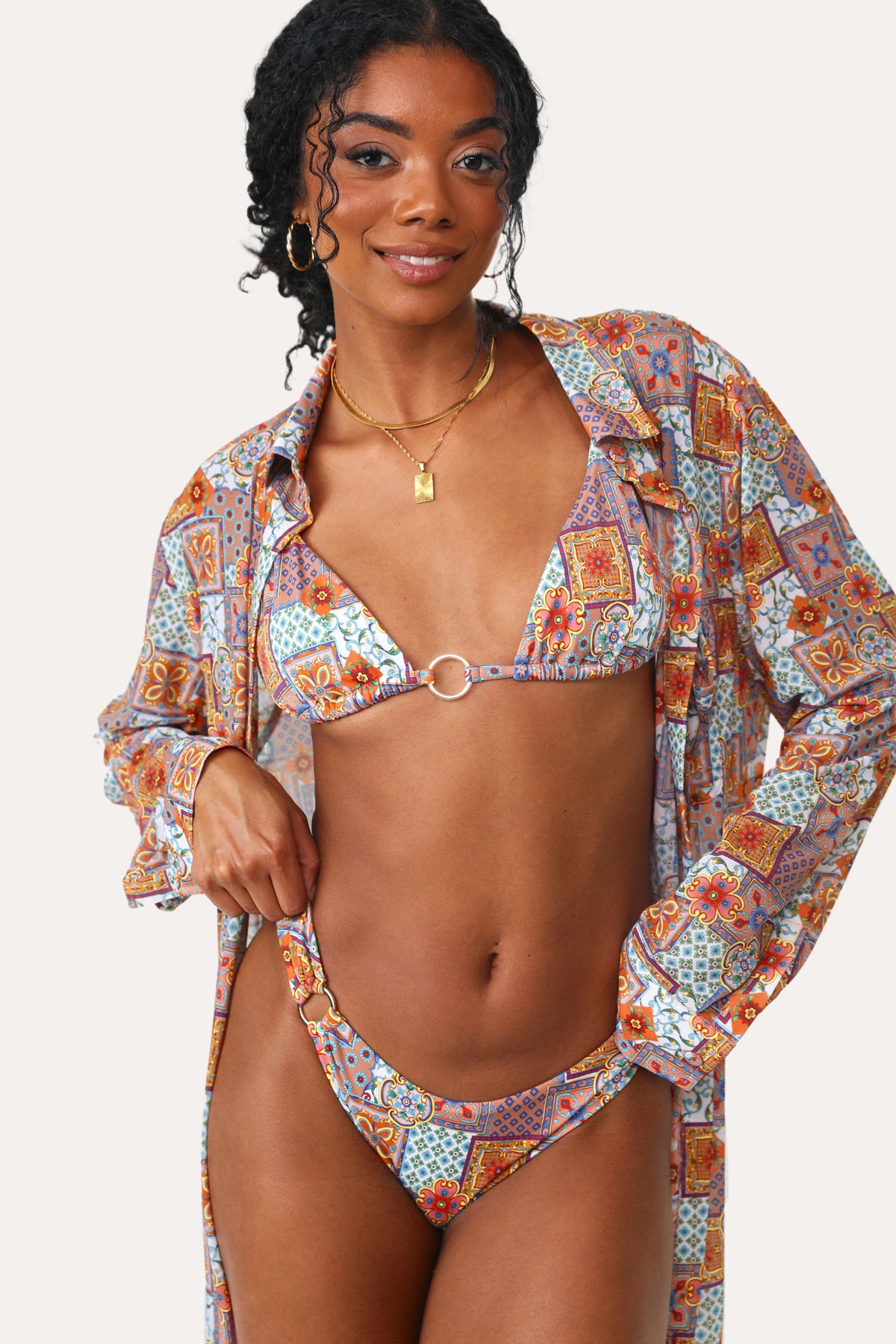 Model wearing the Mama Mia O-Ring printed Bikini Bottom.