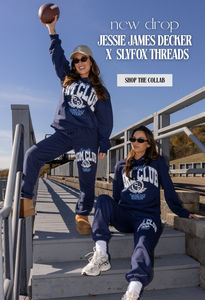 new drop! Jessie James Decker x Slyfox Threads: Shop the Collab

Jessie + Model seated wearing Navy Blue sweat sets.