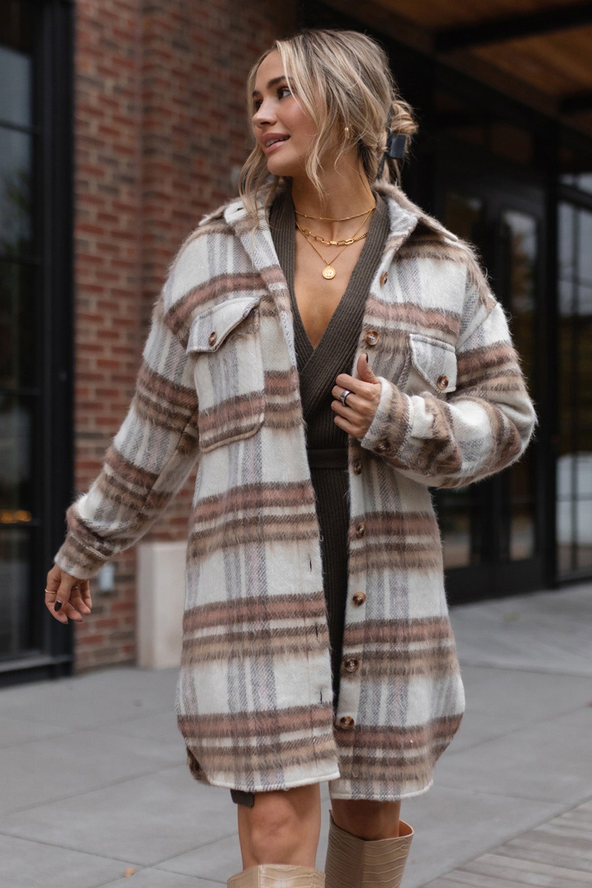 OUT WEST BROWN AND CREAM PLAID SHACKET