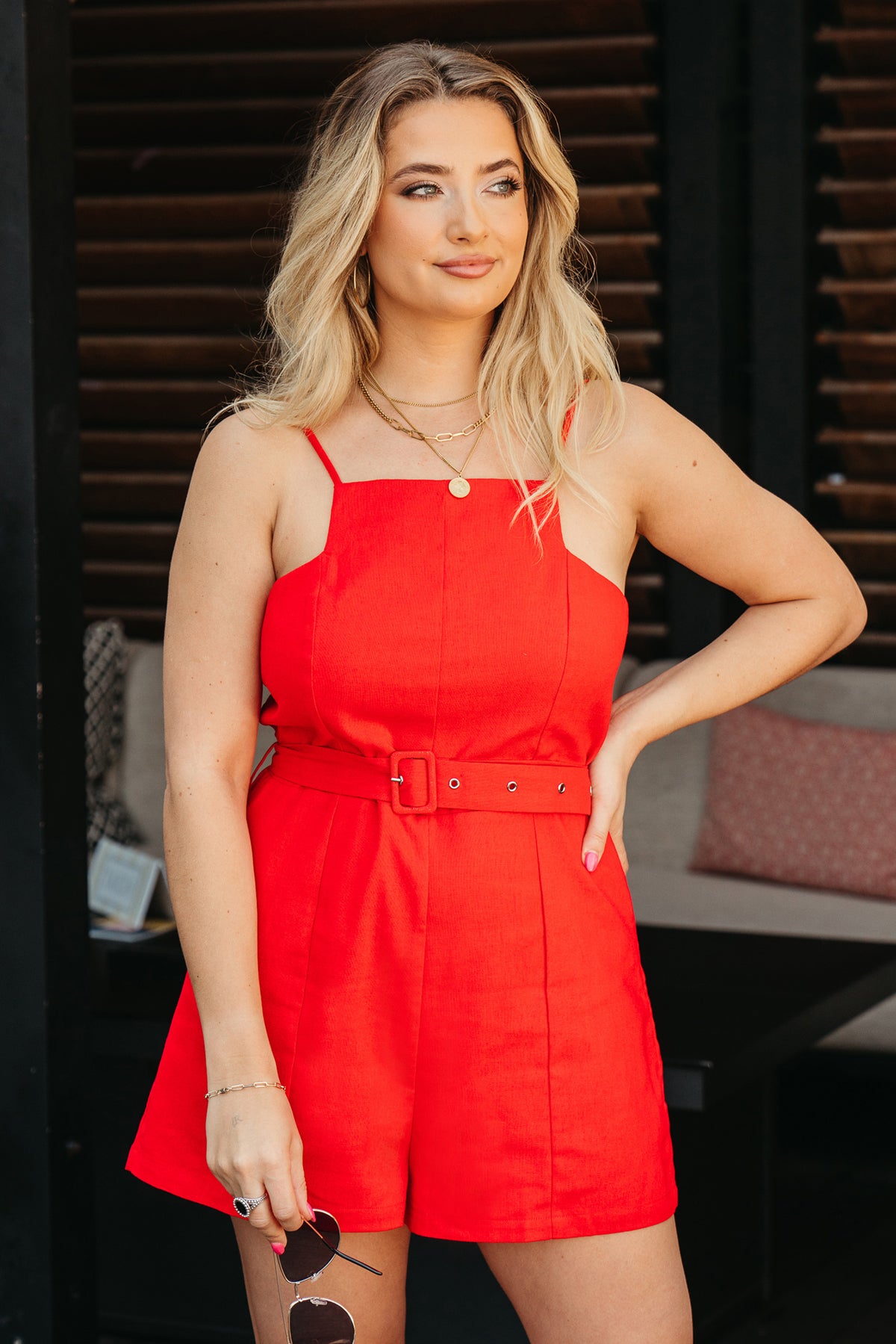 Model wearing the Seventy Six Red Romper.