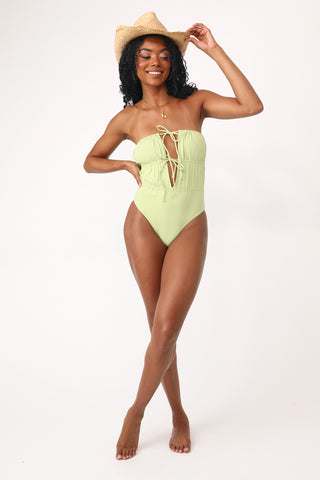 Model wearing the Sicilian Sweet Heart Strapless One Piece.