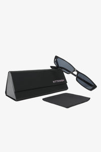 The Carrie thin black sunglasses, Kittenish case, and cleaning cloth. 
