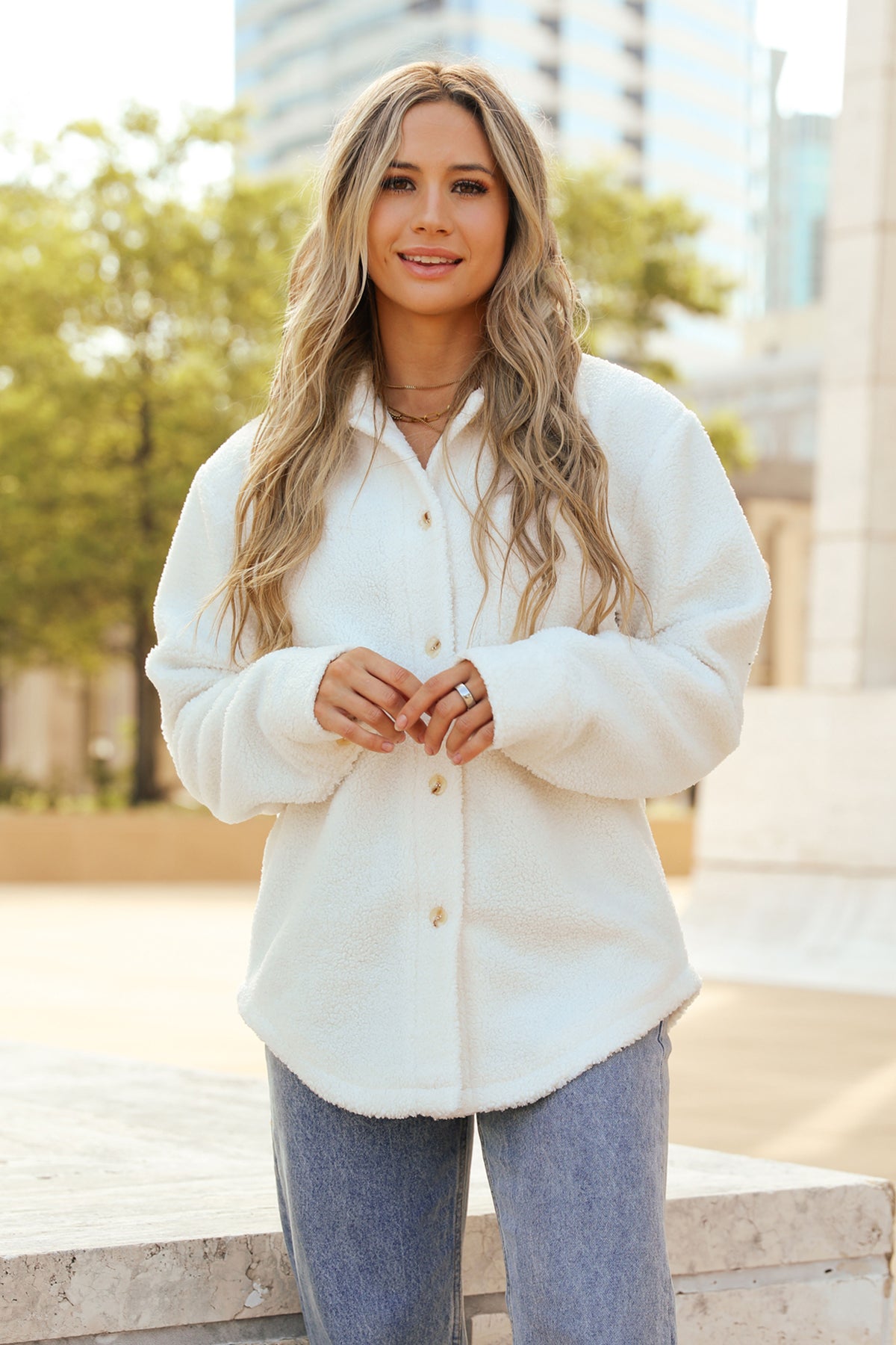 Model wearing the Comfy and Cream Sherpa Shacket