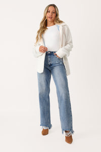 Model wearing the Comfy and Cream Sherpa Shacket