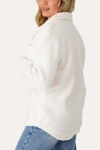 Model wearing the Comfy and Cream Sherpa Shacket