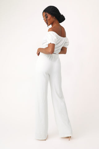 Model wearing the American Dream White Smocked Pant. 