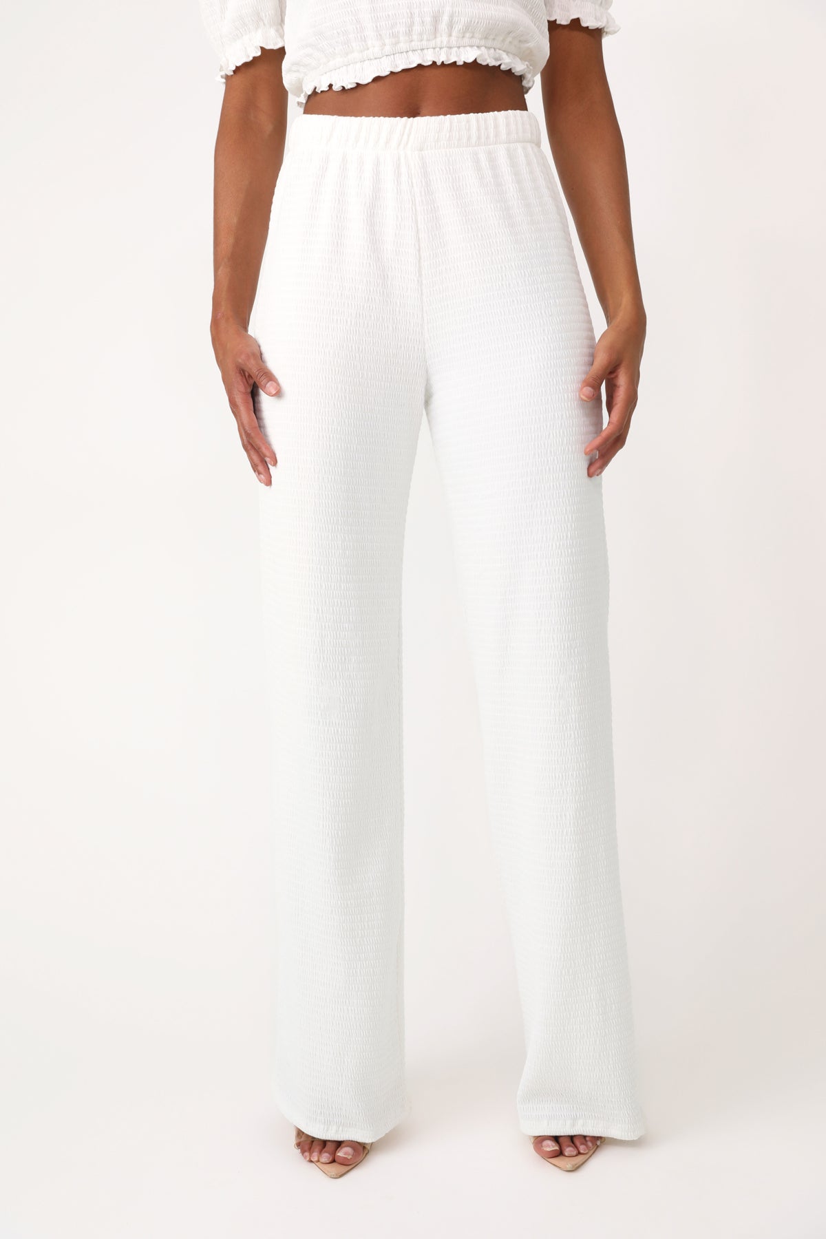 Model wearing the American Dream White Smocked Pant.