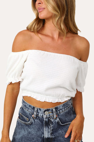 Model wearing the American Dream White Smocked top. 