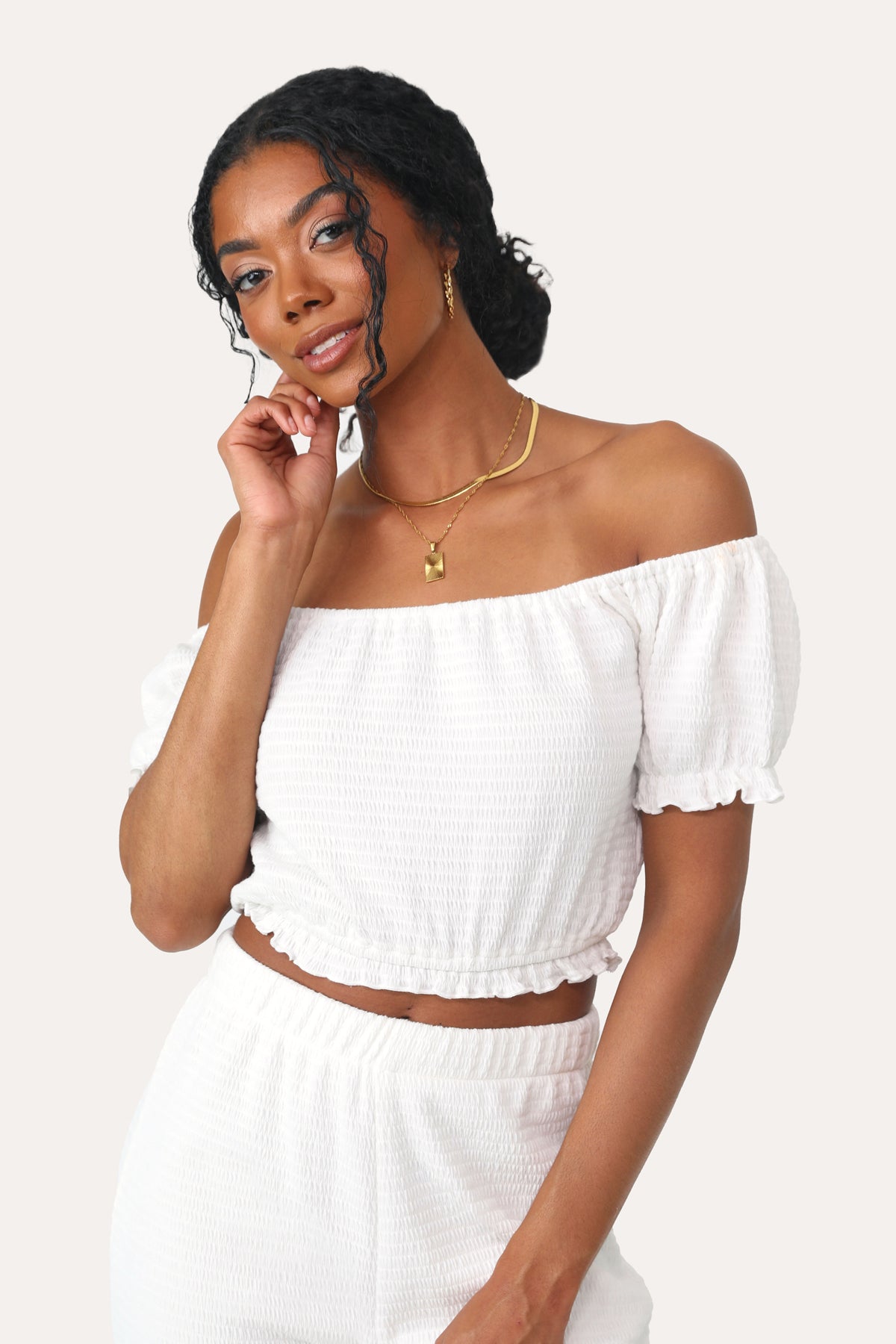 Model wearing the American Dream White Smocked top.