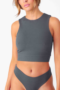 Model wearing Charcoal Full Coverage Rib Bra Tank, stretchy rib knit seamless fabrication, with high scoop neckline and back.