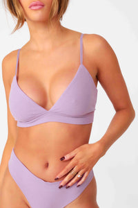 Model wearing Lilac Ribbed Triangle Bralette, seamless rib fabrication with stretch.