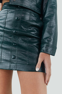 Model Wearing Dark Green Faux Leather Skirt