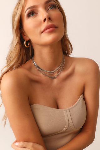 Model wears Multi Stand, Stainless Steel Necklace