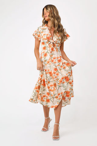 Full body front view of model wearing the Tuscan Sun Maxi Dress.
