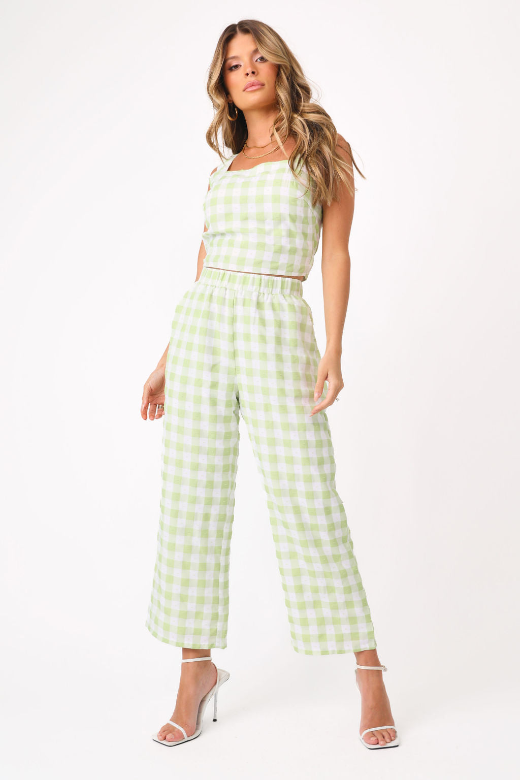 Front view of model wearing the Chloe Gingham Pant with matching top.