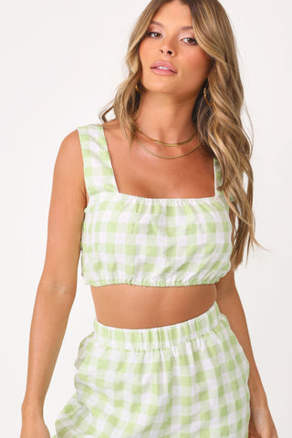 Front view of model wearing Chloe Gingham top.