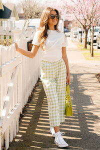 Front view view of model wearing the Chloe Gingham Pant with matching top.